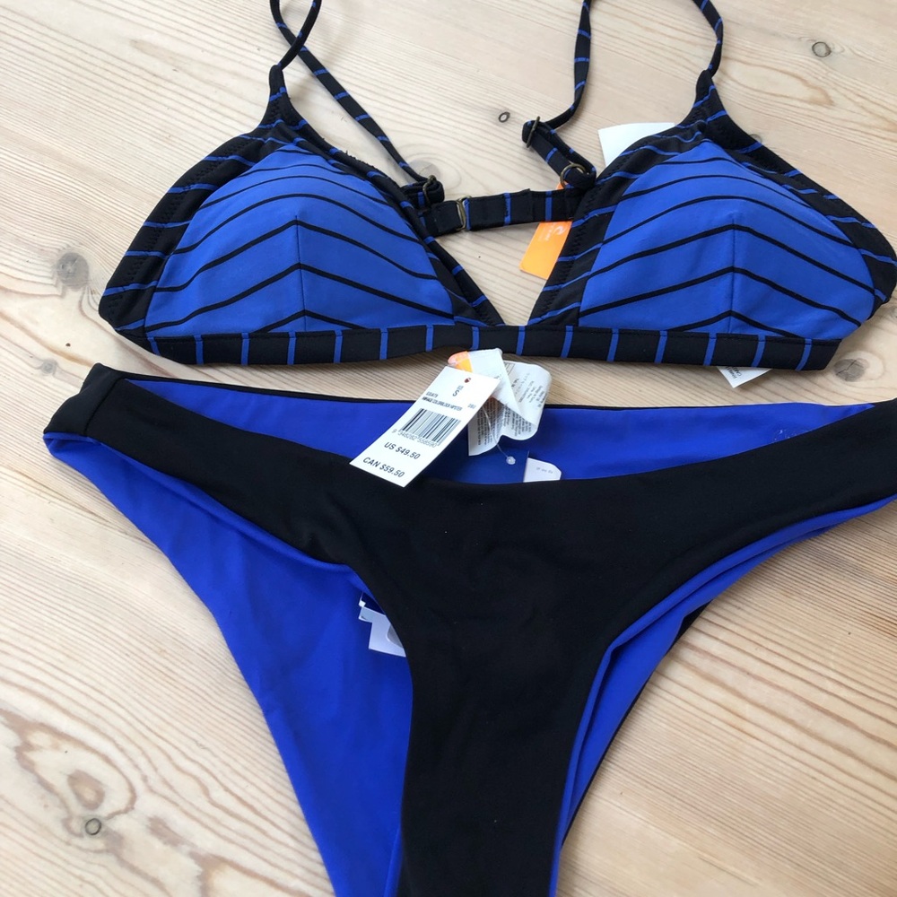 Rip Curl Blue and Black Striped Triangle Bikini Set